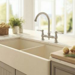 Aquanello Heritage Manor Klasická kuchyňa Nostalgický most Kuchynský kohútik z nehrdzavejúcej ocele s bielou rukoväťou a okrúhlym výtokom NB-0011-HM