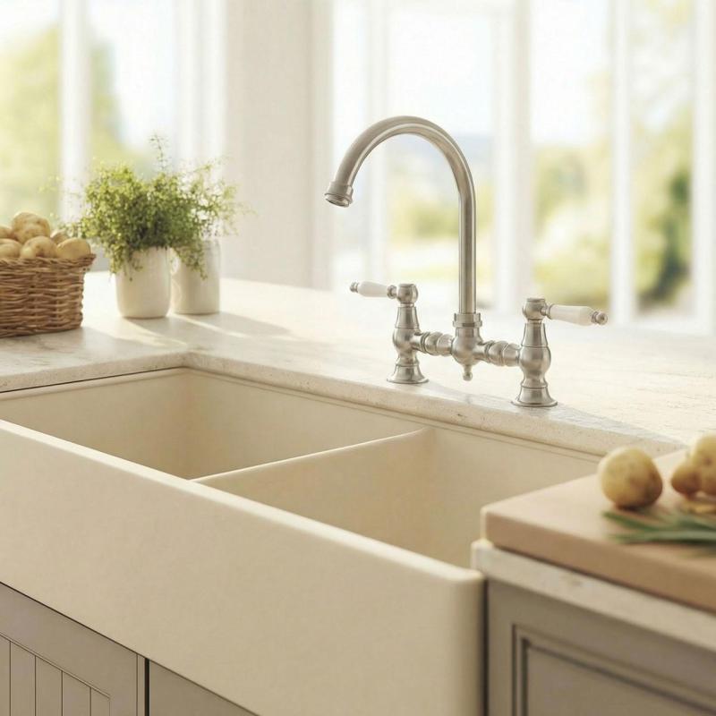 Aquanello Heritage Manor Klasická kuchyňa Nostalgický most Kuchynský kohútik z nehrdzavejúcej ocele s bielou rukoväťou a okrúhlym výtokom NB-0011-HM