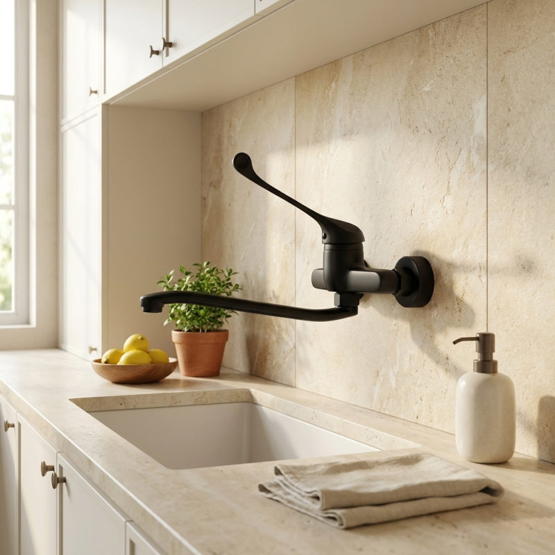 Aquanello Medic Kuchynský nástenný kohútik s dlhou rukoväťou, čierny BL-1005-MD