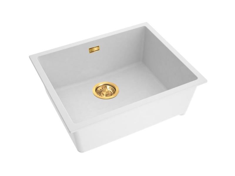 Pure.Sink Eternal Kremeňový biely drez 50 x 40 cm na montáž pod dosku a na dosku so zlatou zátkou