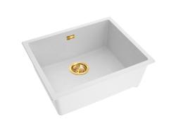 Pure.Sink Eternal Kremeňový biely drez 50 x 40 cm na montáž pod dosku a na dosku so zlatou automatickou zátkou
