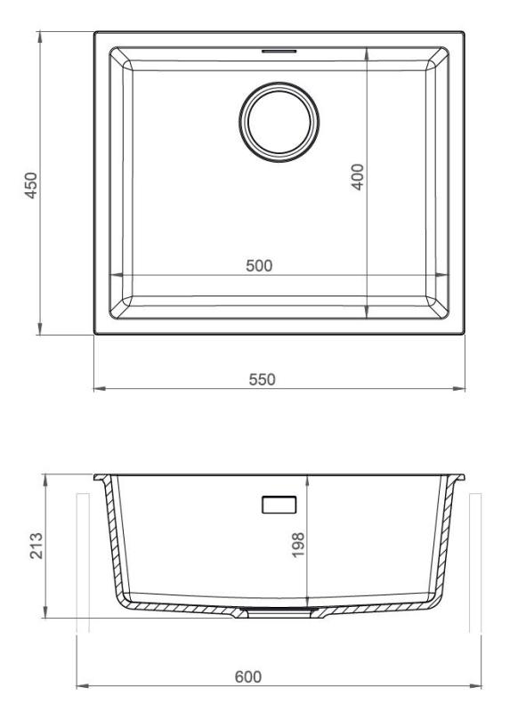 Pure.Sink Eternal Kremeňový biely drez 50 x 40 cm na montáž pod dosku a na dosku s automatickou čiernou zátkou