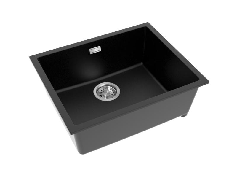 Pure.Sink Eternal Quartz Black Sink 50x40 cm, Flush-Mount and Under-Mount with Automatic Stainless Steel Stopper