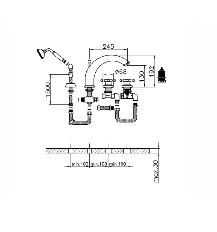 Huber Victorian 4-hole Thermostatic Bath Mixer with Handshower Chrome VTT7601021